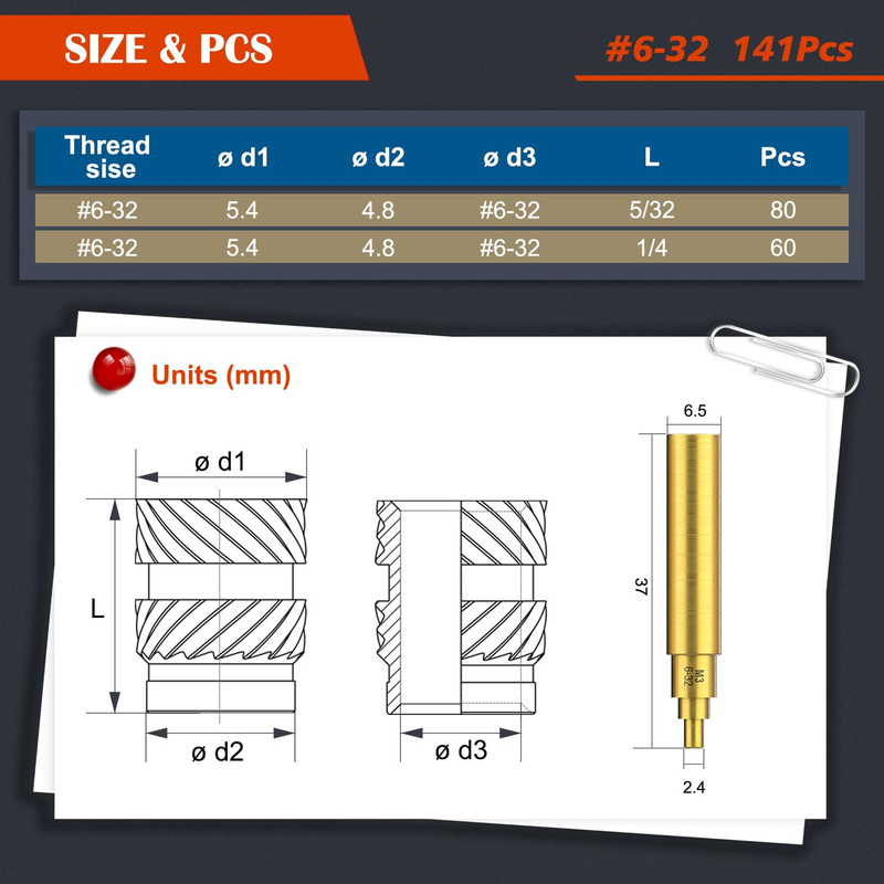 141Pcs #6-32 Brass Threaded Inserts Kit Heat Set for Plastic 3D Print gallery