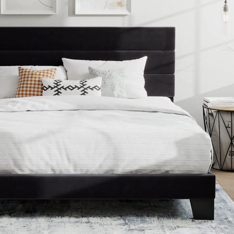 SHA CERLIN King Platform Bed Frame with Velvet Upholstered Headboard, Mattress F gallery
