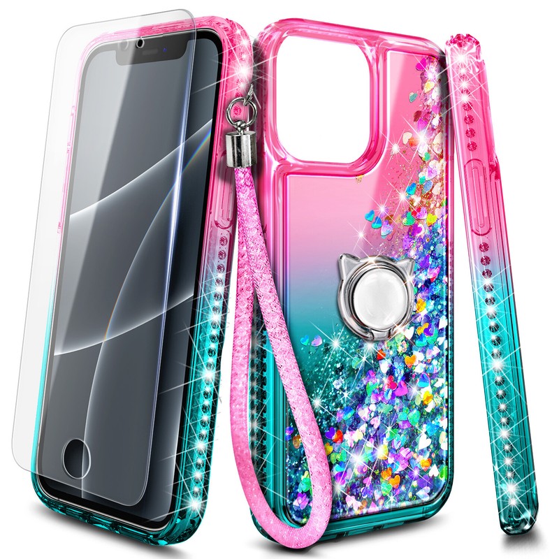For iPhone 13 Pro Max Pro Mini Liquid Glitter Case With Tempered Glass & Lanyard