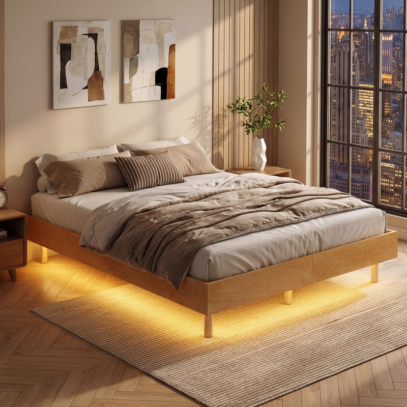 Full Size Floating Bed Frame with LED Lights, 12 Inch Modern Wood Platform Bed gallery