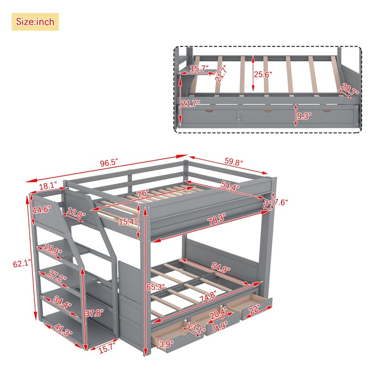 Full Size Bunk Bed with Convertible Storage Staircase, & Underbed Drawers, Gray gallery