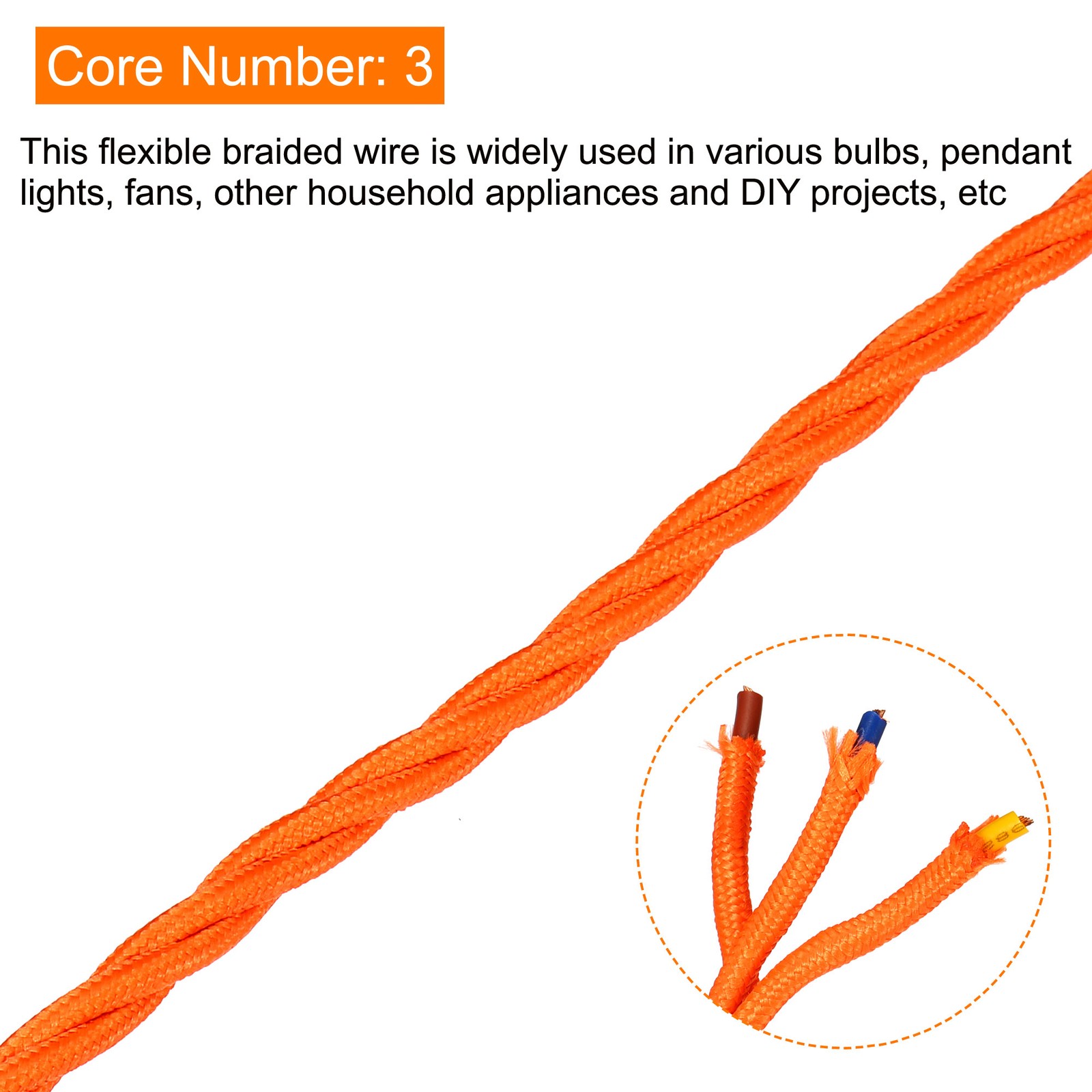 Twisted Cloth Covered Wire 3 Core 18AWG 5m/16.4ft,Electrical Cable,Orange gallery