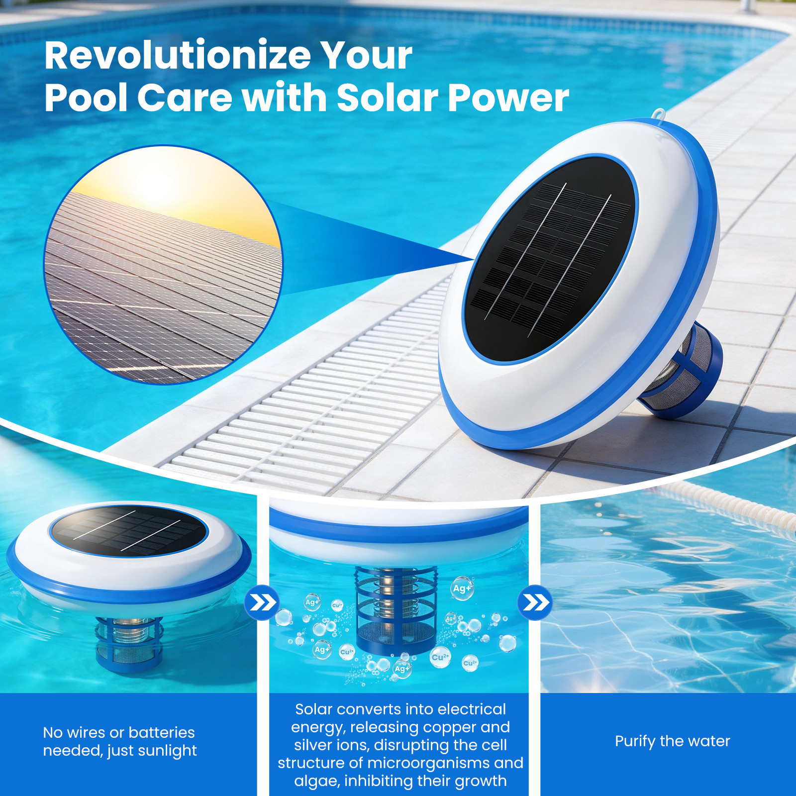 POOLPURE Solar Pool Ionizer, Copper Floating Cleaner, Up to 35,000 Gal, white gallery