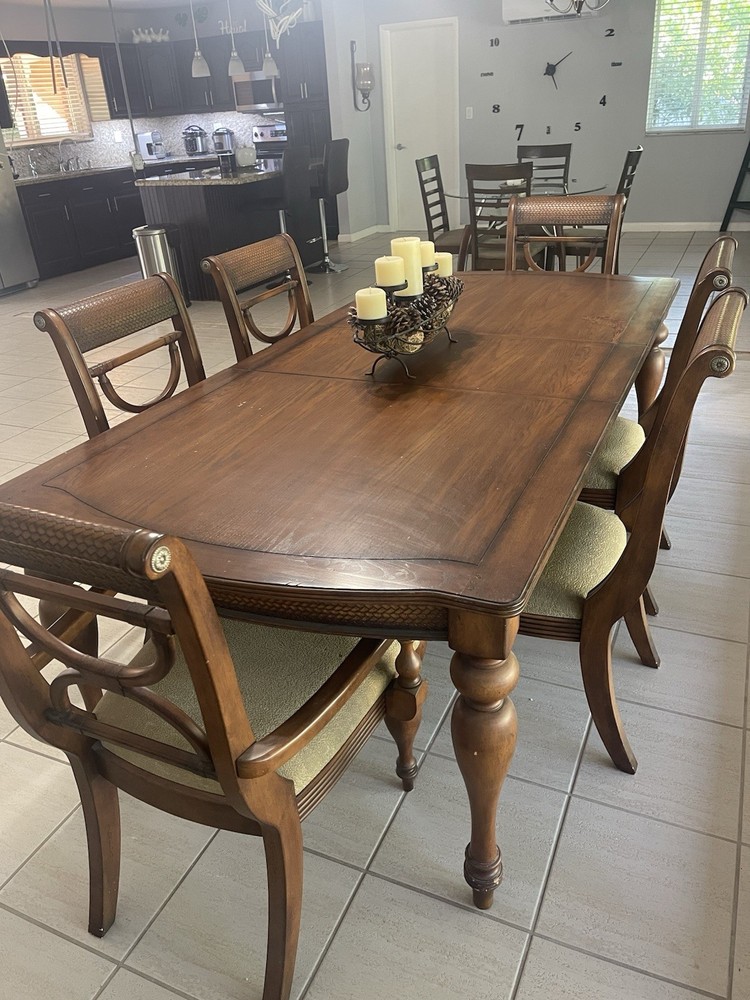 7-Piece Rectangular Wood Dining Table Set w/ 6 Upholstered Chairs Brown/Beige