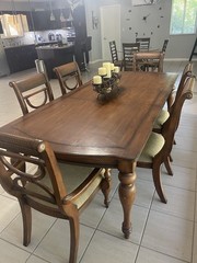 7-Piece Rectangular Wood Dining Table Set w/ 6 Upholstered Chairs Brown/Beige