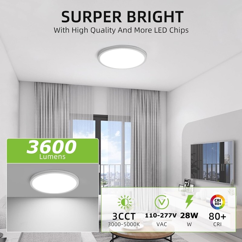 3600lm LED Flush Mount Ceiling Light Super Slim, 28Watt 3000K/4000K/5000K 2 Pack gallery