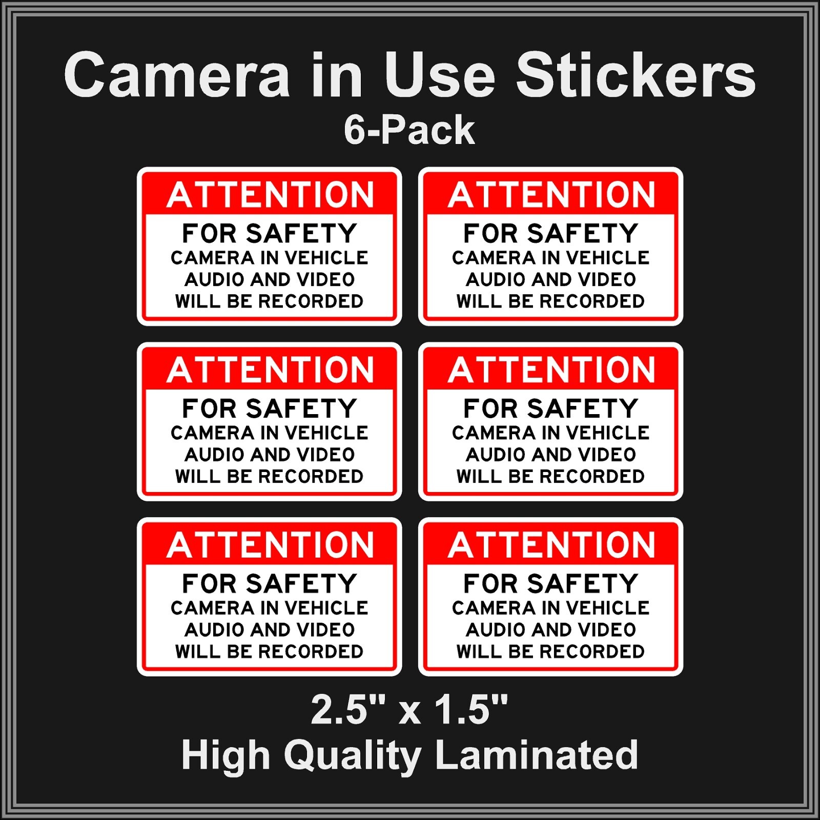 Camera in Car Recording Video 6-Pack Decals Red & Black 2.5" x 1.5" for Uber gallery