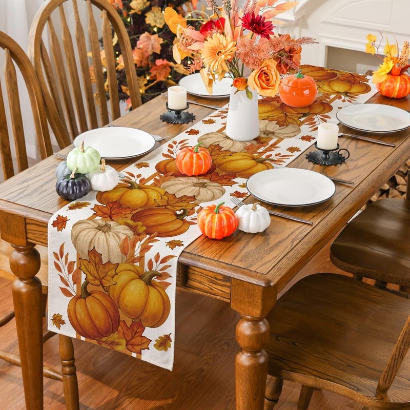 Fall Table Runner Maple Leaf Orange Pumpkin Seasonal Autumn Decor 13x48 Inch gallery