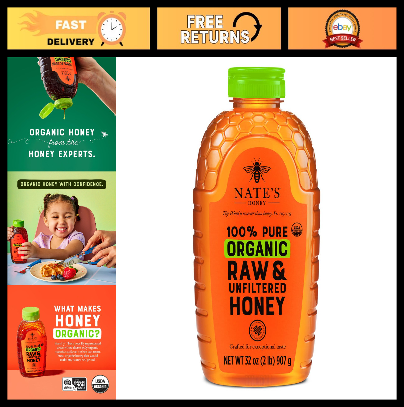 100% Pure Raw Unfiltered Honey - USDA Organic - 32oz Squeeze Bottle, Natural Swe gallery