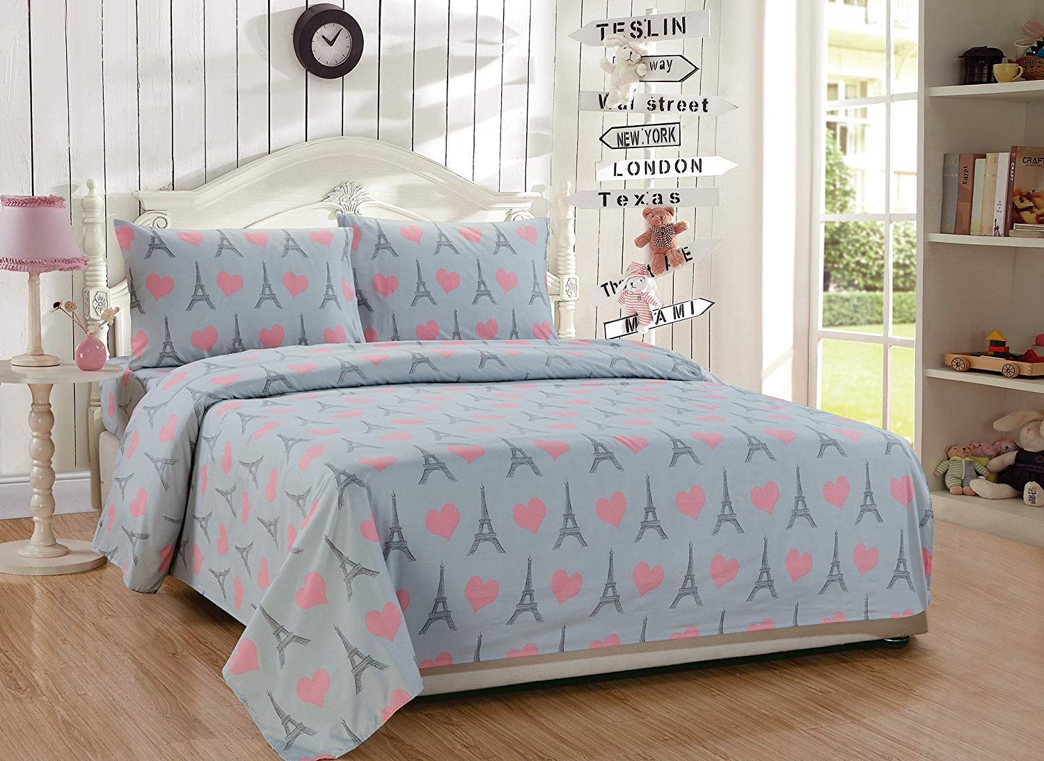 4pc Queen Size Sheet Set For Girls Paris Bedding Eiffel Tower Pink Grey New gallery