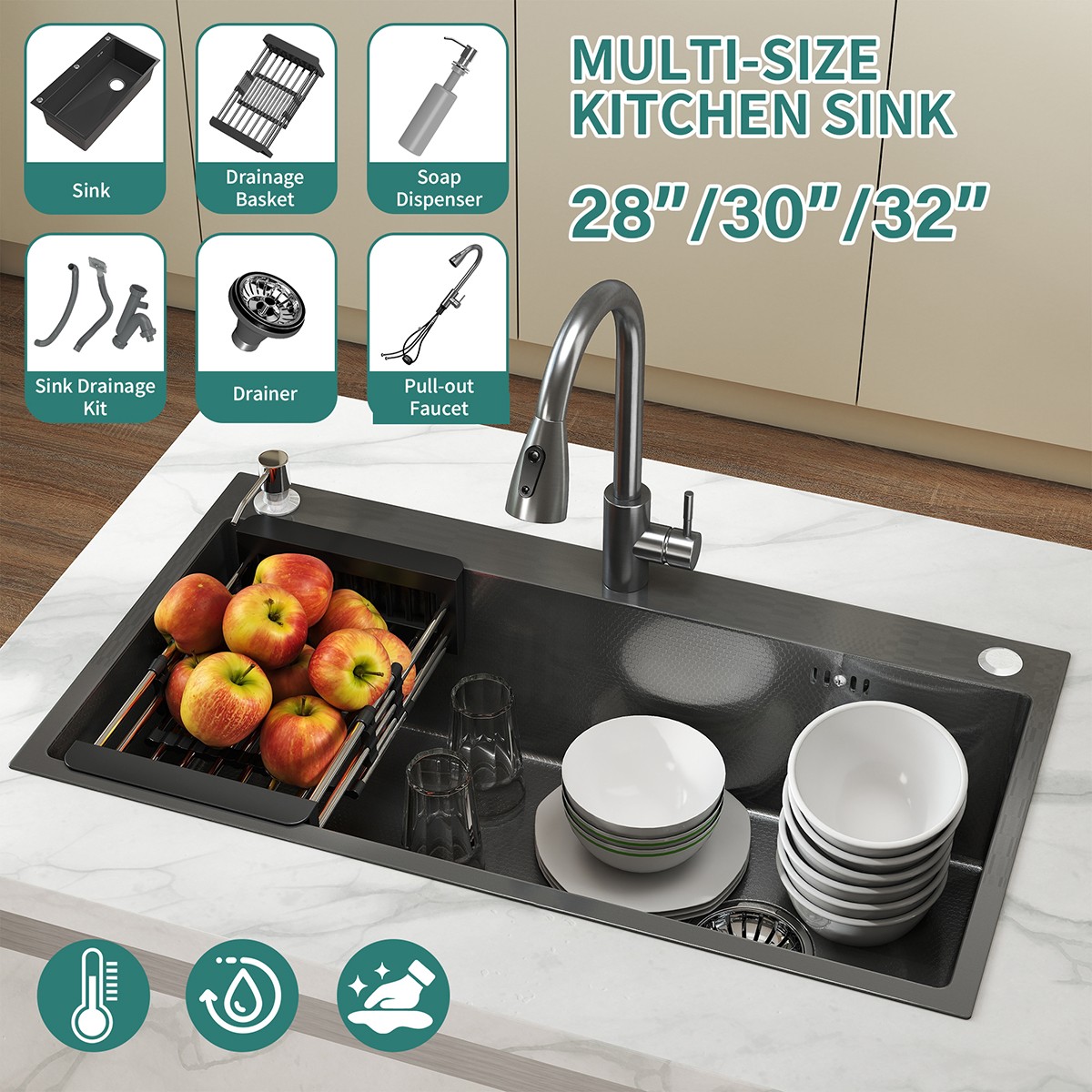 Black Drop In Kitchen Sink 28"/30"/32" Single Bowl Stainless Steel w/ Faucet gallery