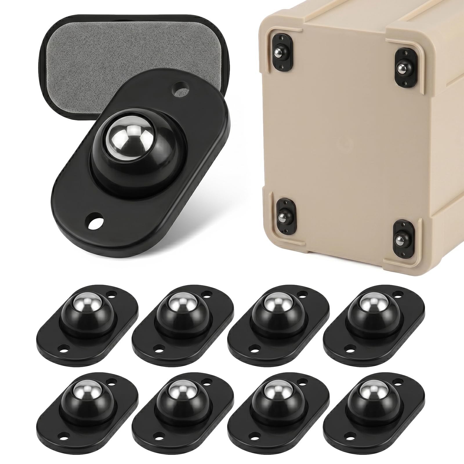 8 Black Self-Adhesive Mini 360° Swivel Casters, Silent, Non-Scratch, 66lb Cap gallery