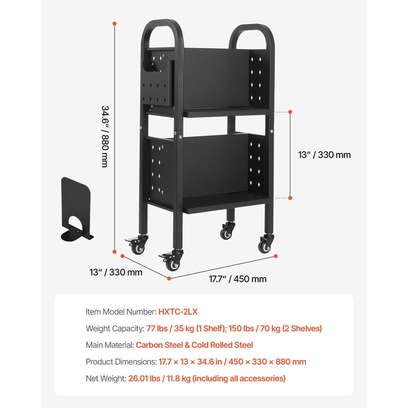 2-Tier Rolling Book Cart Double Sided L-Shaped Shelves Book Truck in Black gallery
