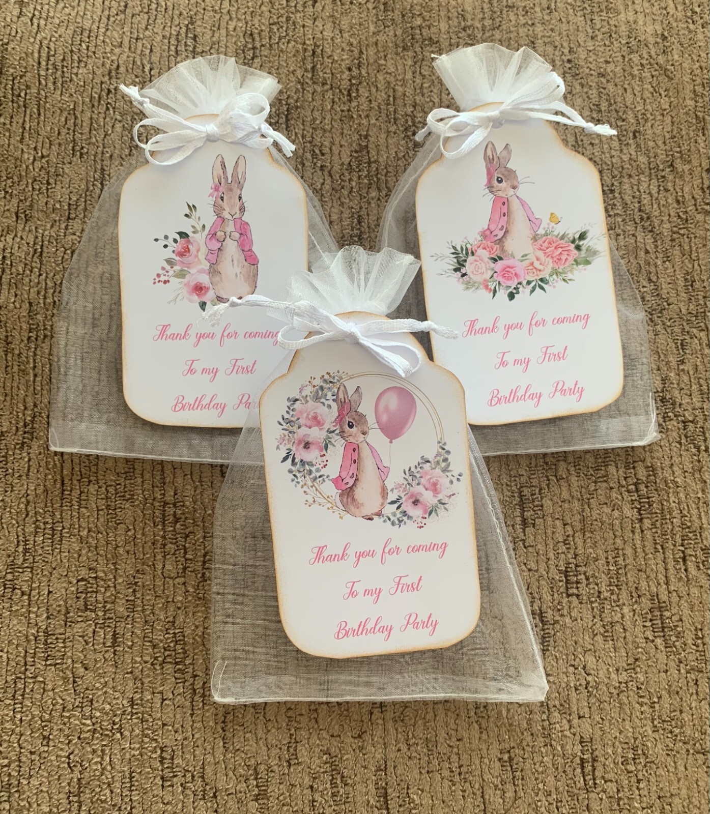 12 Peter Rabbit girl first Birthday party favors tags organza bag gallery
