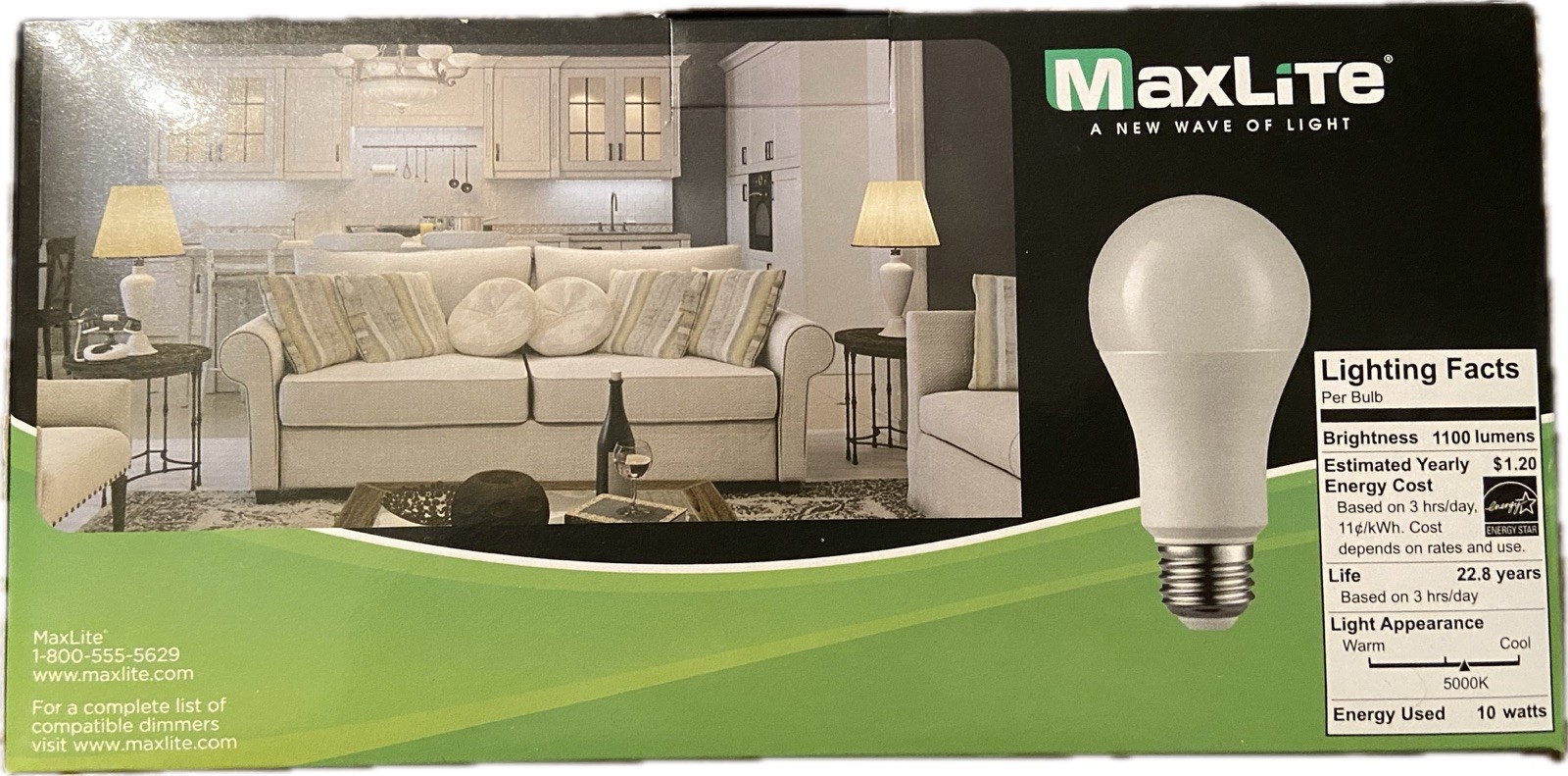 MaxLite A19 Dimmable LED Bulb 75W Replacement 10W 5000K Daylight 1100 Lumen 4pk gallery
