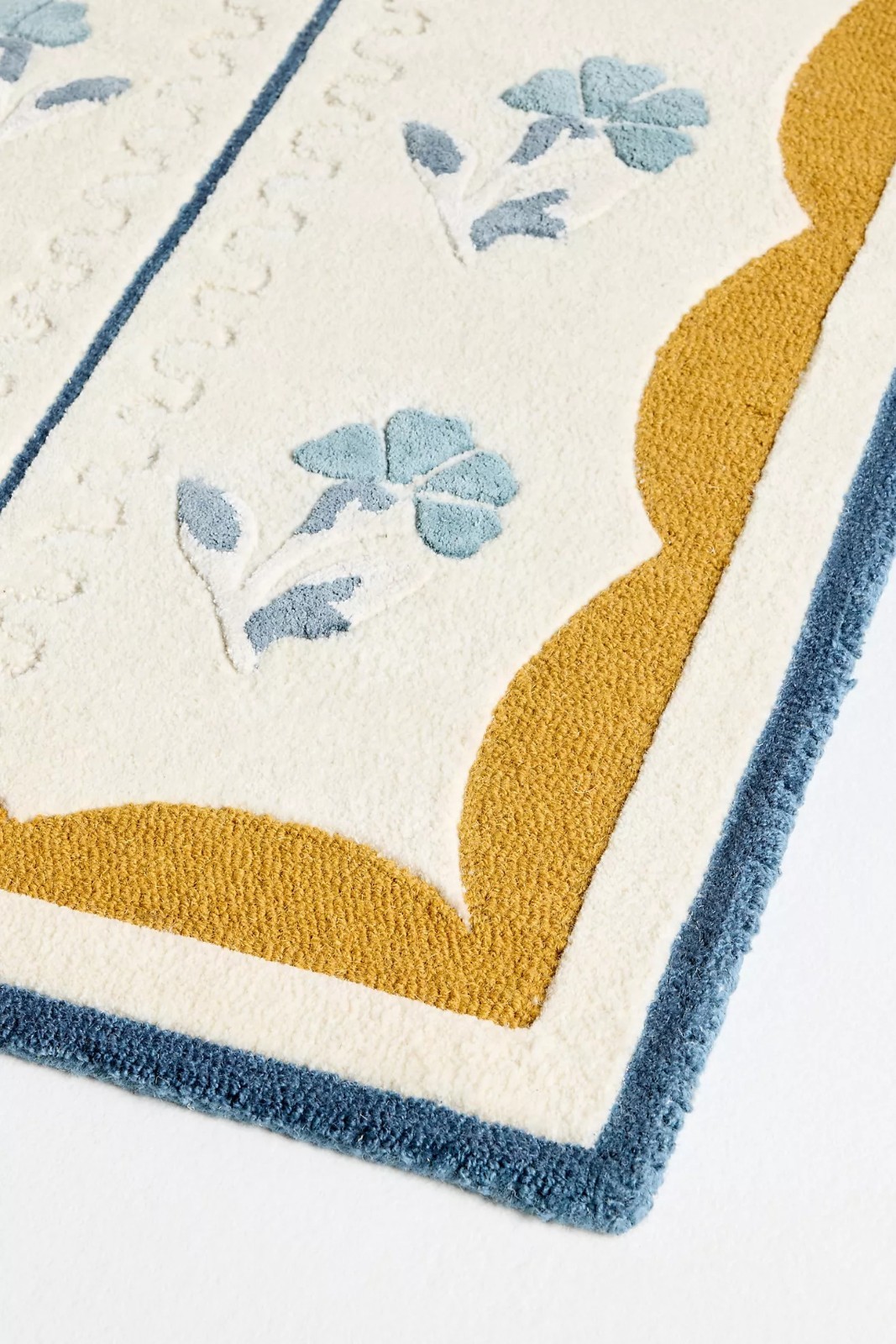 Hand-Tufted Wool Viscose Floral Area Rug Blue Ivory Mustard Border Modern Decor gallery