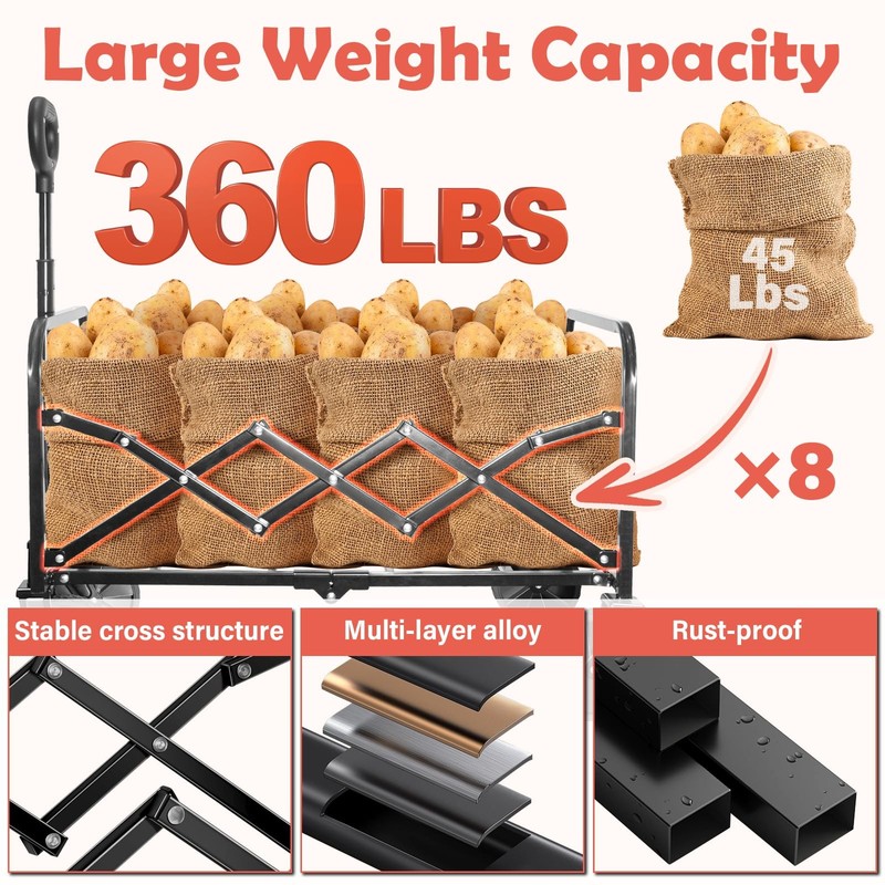 Wagons Carts Foldable, 360 Lbs with Adjustable Handle, Black Lightweight Port... gallery