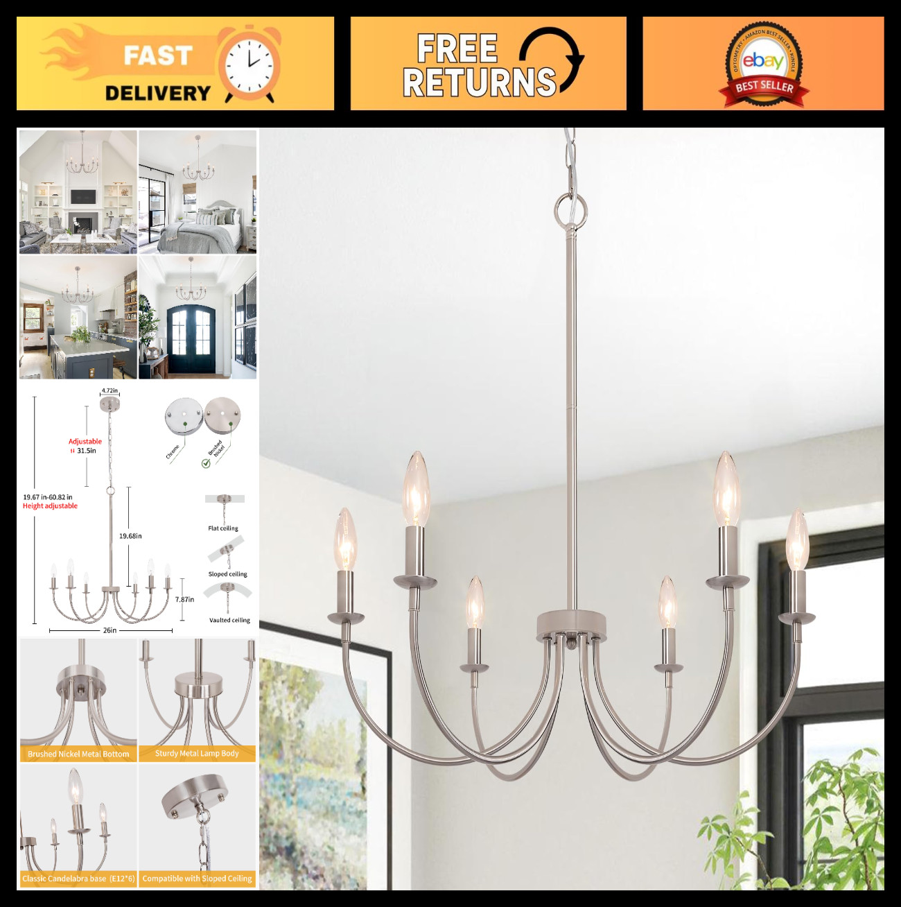 6-Light Farmhouse Chandelier - Modern Candle Hanging Light Fixture for Dining Ro gallery