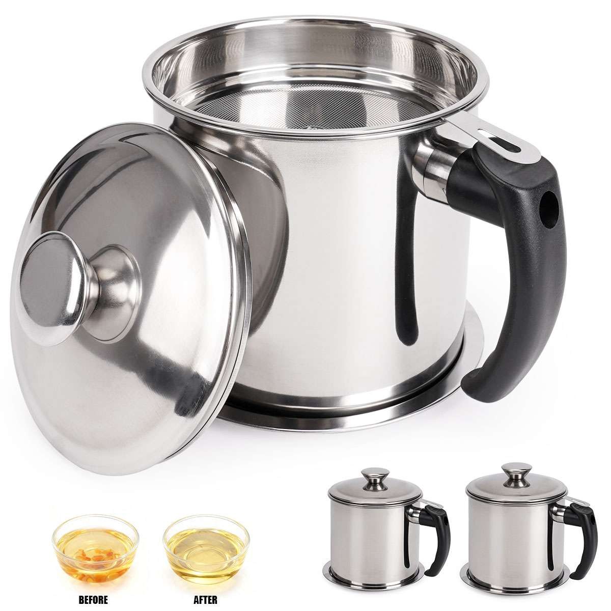 48Oz/60 Oz Bacon Grease Container with Strainer & Lid, Stainless Steel Oil Pot gallery