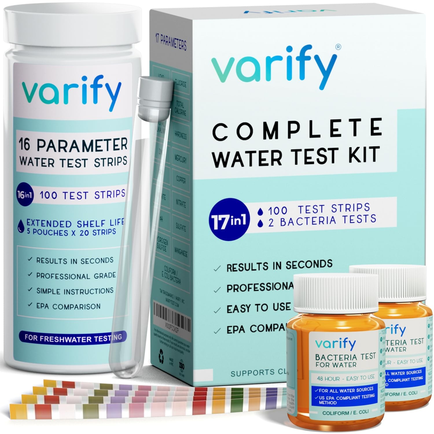 Varify 17in1 Complete Drinking Water Test Kit - 100 Strips + 2 Bacteria Teste... gallery