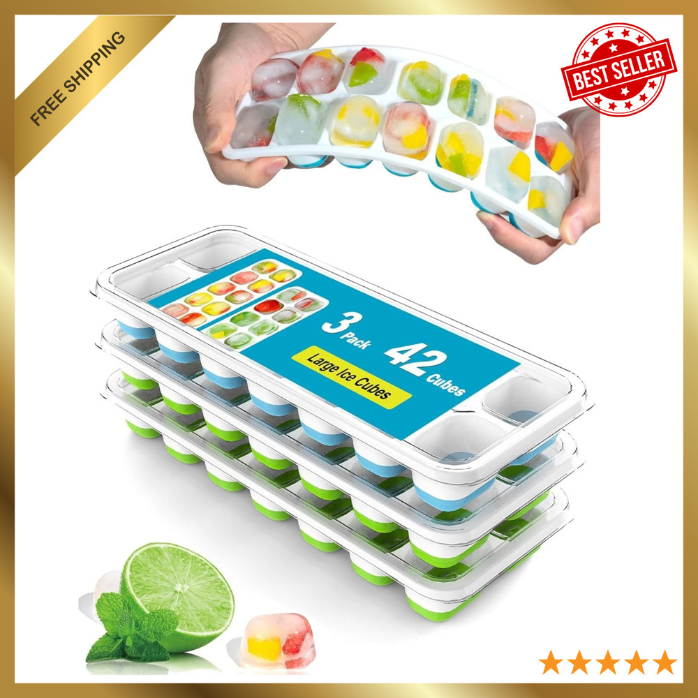 3 Pack Ice Cube Trays with Lids, Flexible Silicone Bottom for Easy Release, Stac