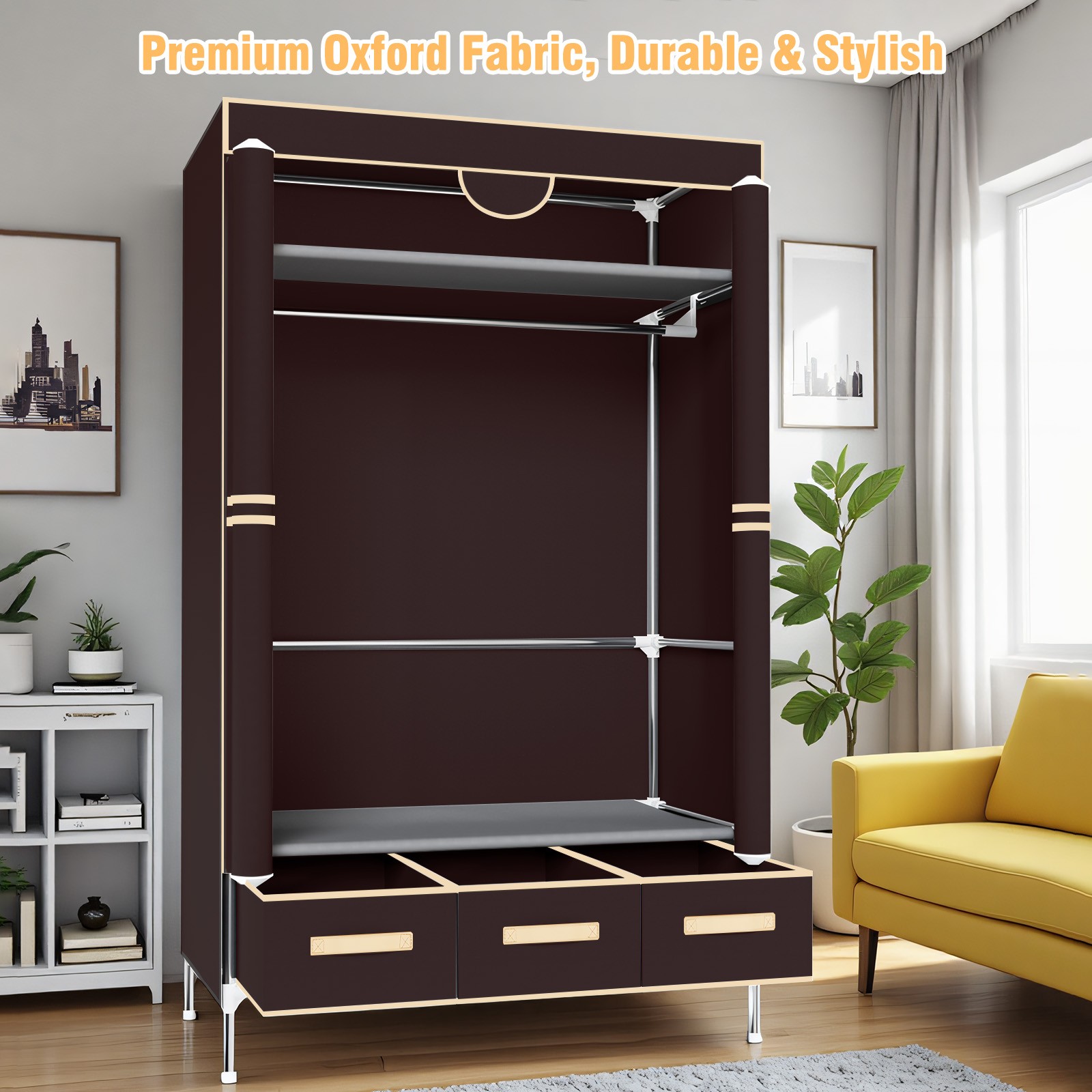 Portable Closet Wardrobe Clothes Rack Storage Organizer Shelf Stand w/ 3 Drawers gallery