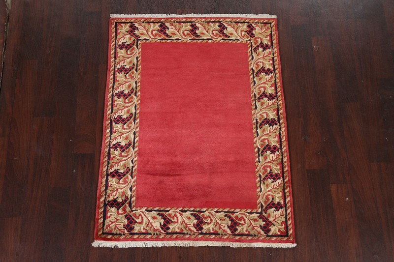 Red Nepalese Bordered Plush Wool Oriental 4x5 Area Rug Hand-knotted Wool Carpet gallery