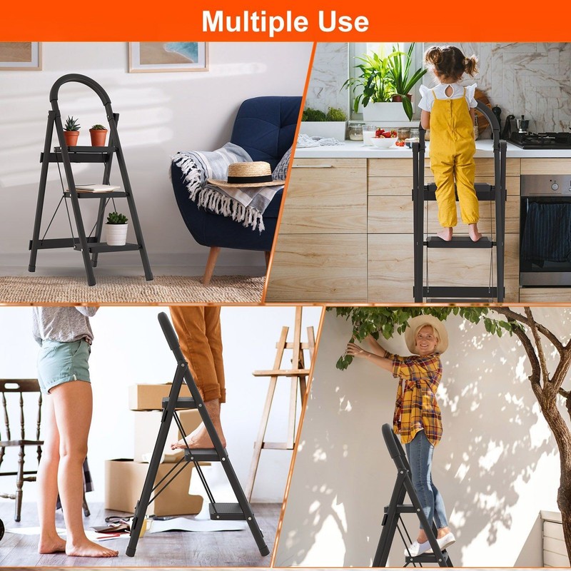 3-Step Folding Ladder, 330lbs Load Capacity, Lightweight 6.94lbs with 1.57in Fol gallery