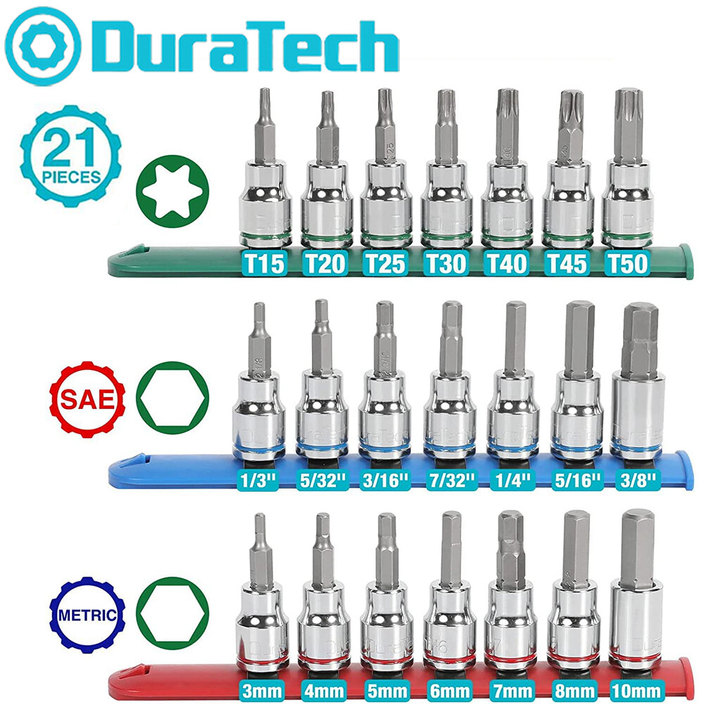 DURATECH 21PC Bit Socket Set 3/8'' Drive Torx Allen Bit Socket S2 Bit Metric SAE