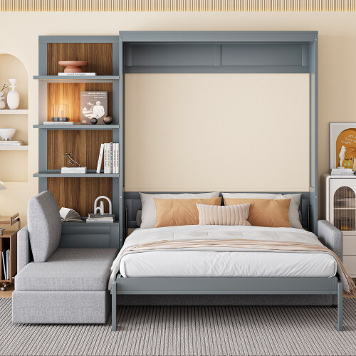 Full Queen Size Murphy Wall Bed with Sofa & Shelves Space Saving Wood Hidden Bed