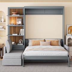 Full Queen Size Murphy Wall Bed with Sofa & Shelves Space Saving Wood Hidden Bed