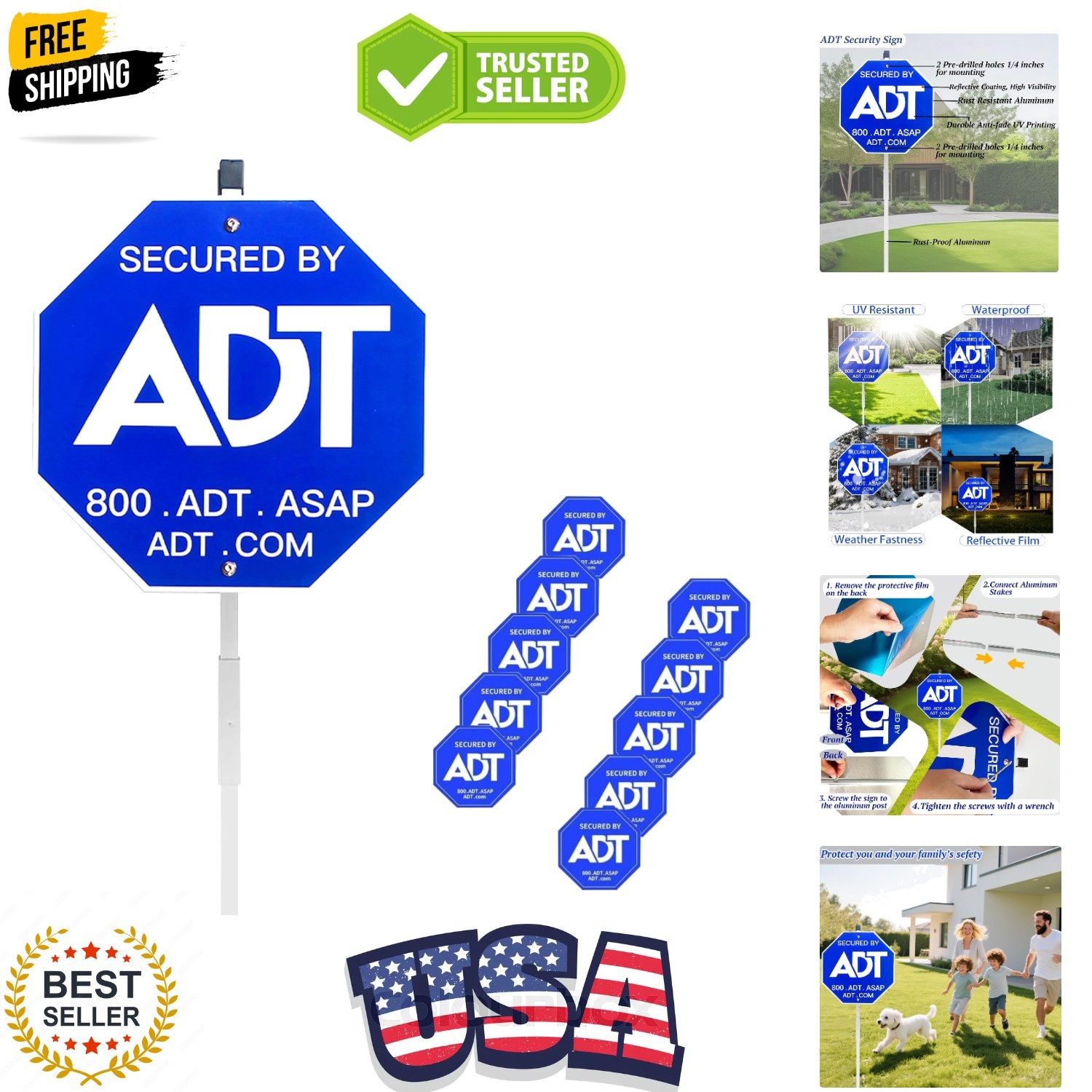 28" ADT Security Signs for Yard with Stake & 10 Pcs ADT Window Stickers, 100% Al gallery