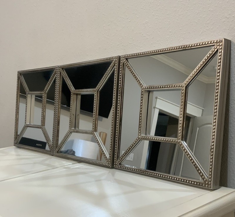 Decorative Mirror Wall Hanging Studded Silver Square Frame Home Decor Set 3 gallery