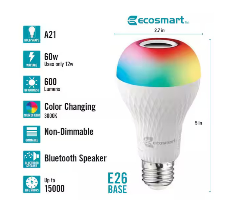 EcoSmart Bluetooth Speaker Medium LED Light Bulb W/ Remote Control (1-Pack) gallery