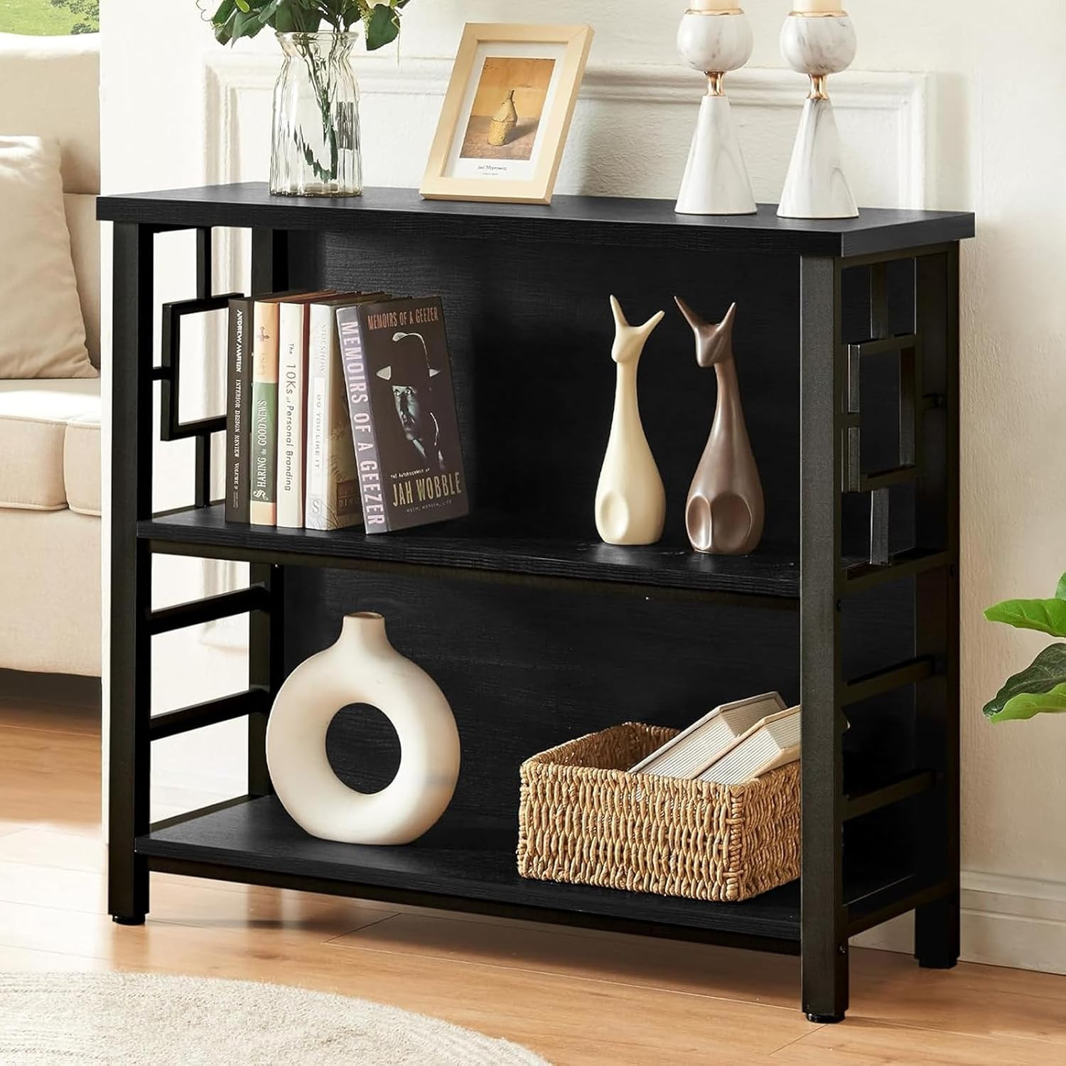 3 Tier Bookshelf Black Engineered Wood Metal Storage Bookcase Low Shelf gallery