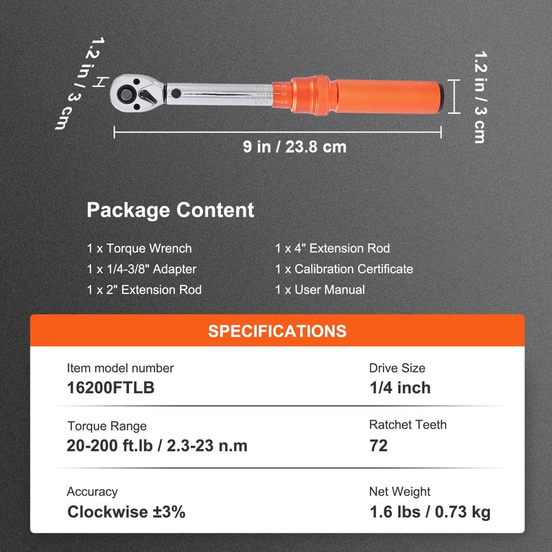 VEVOR Torque Wrench Adjustable Torque Wrench 1/4" Drive 20-200in.lb/2.3-23Nm gallery