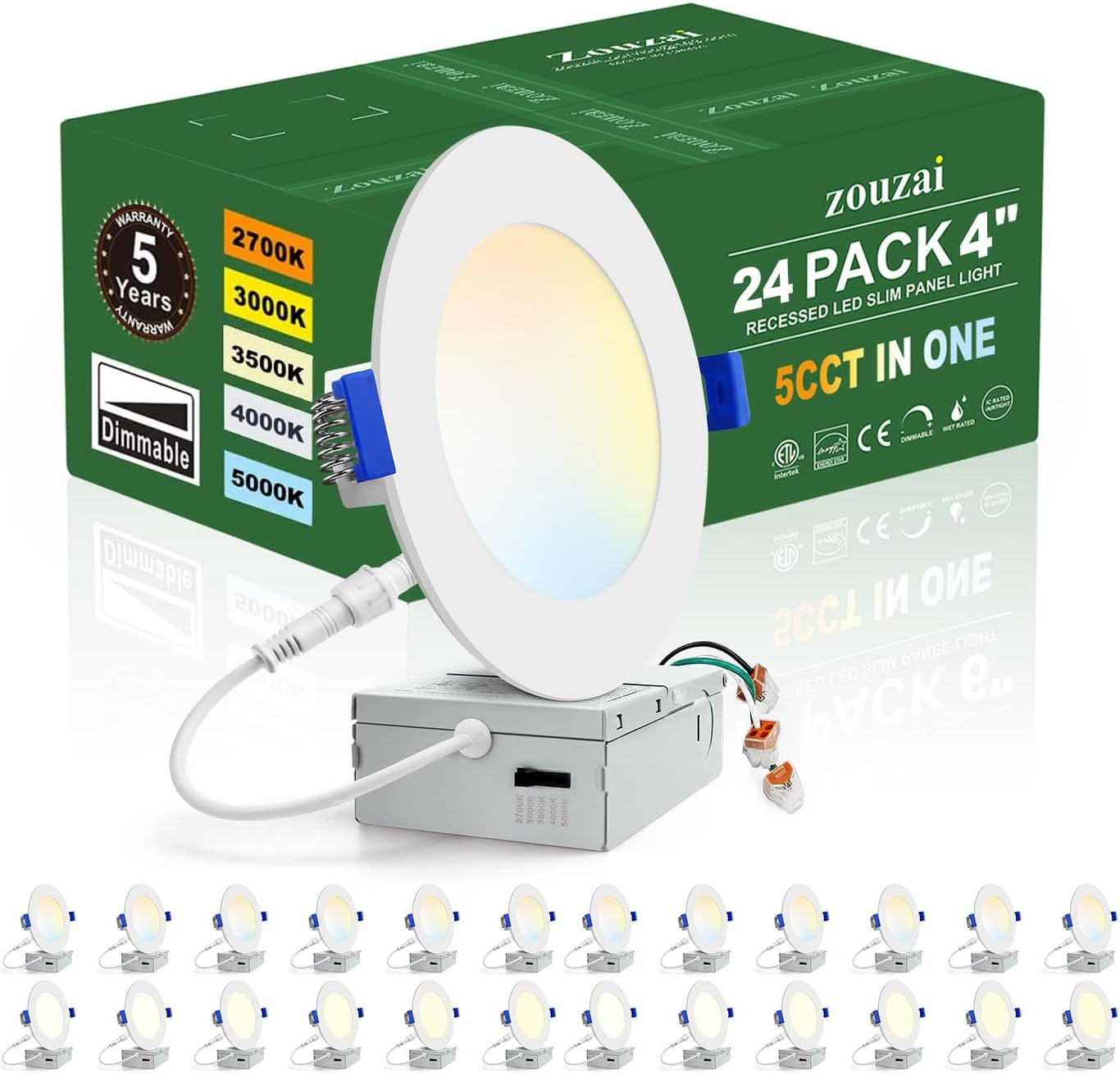 24 Pack 4 Inch Ultra-Thin LED Recessed Ceiling Light with Junction Box 5CCT Adju gallery