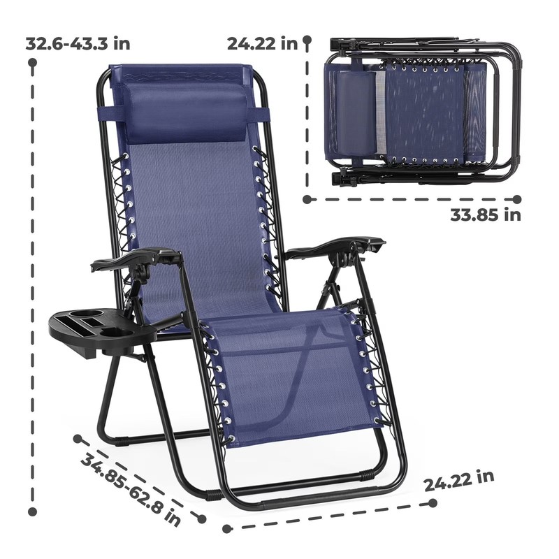 2-Pack Zero Gravity Chair 300lb Patio Beach Pool Recliner Pillow Cup Blue gallery