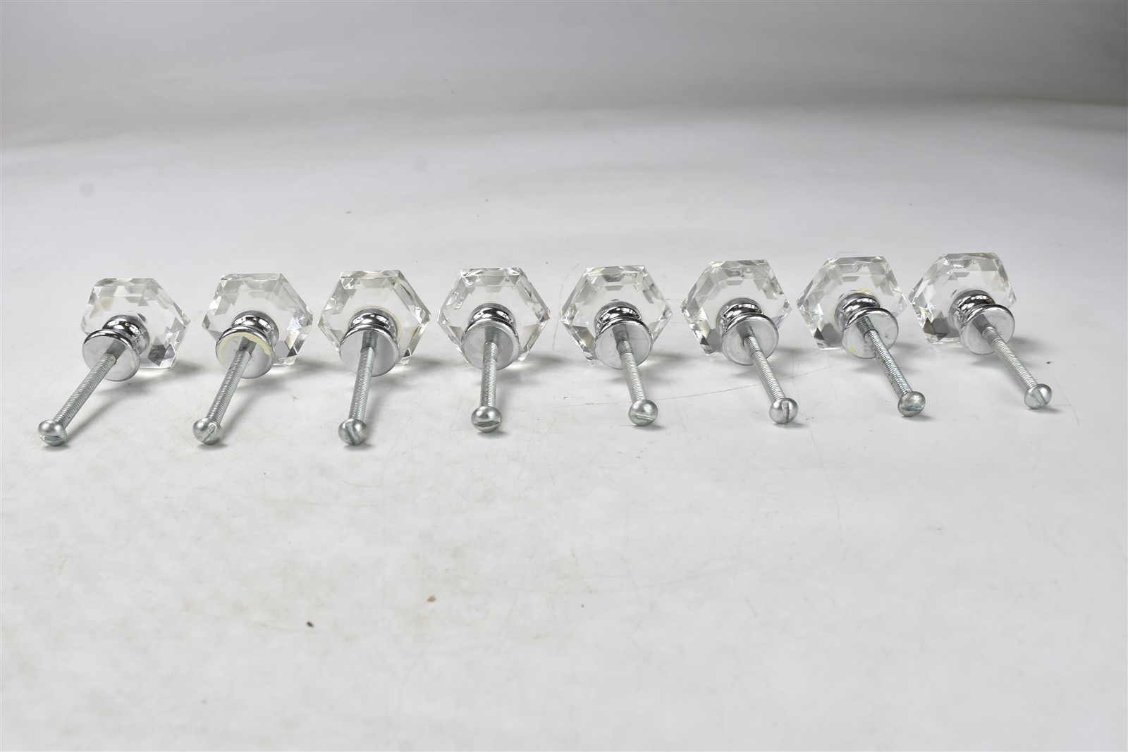 SET 8 GLASS DRAWER PULL KNOBS HARDWARE SILVER TONE BACKING with SCREWS #09211 gallery