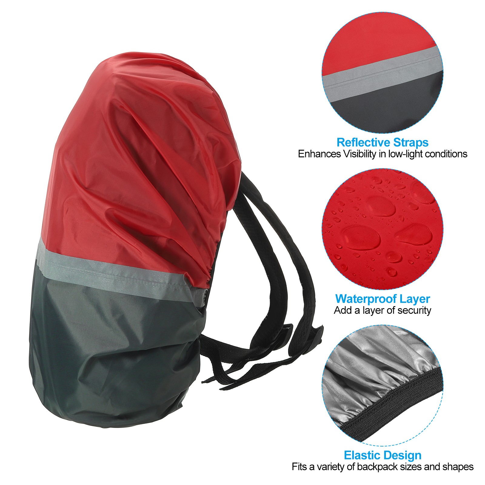 S Waterproof Backpack Rain Cover Adjustable Strap Reflective Strips Grey Red 3