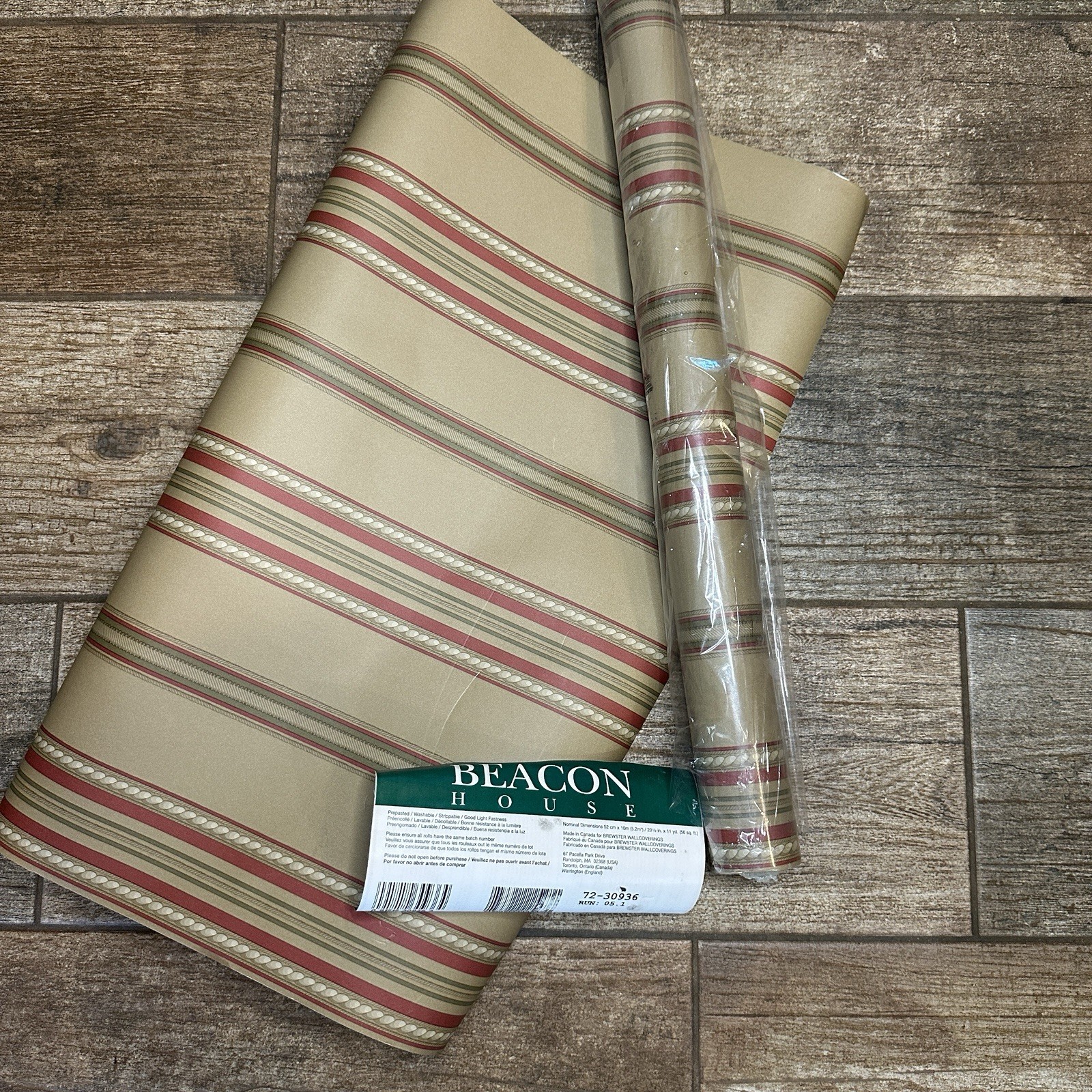 Vtg 90’s Beacon House Striped Prepasted Washable Wallpaper Tan Burgundy 2 Rolls gallery