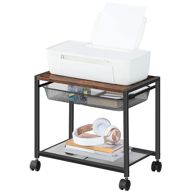 Rustic Brown 2Tier Under Desk Printer Stand Mobile Cart Wheels BF12PS01 gallery