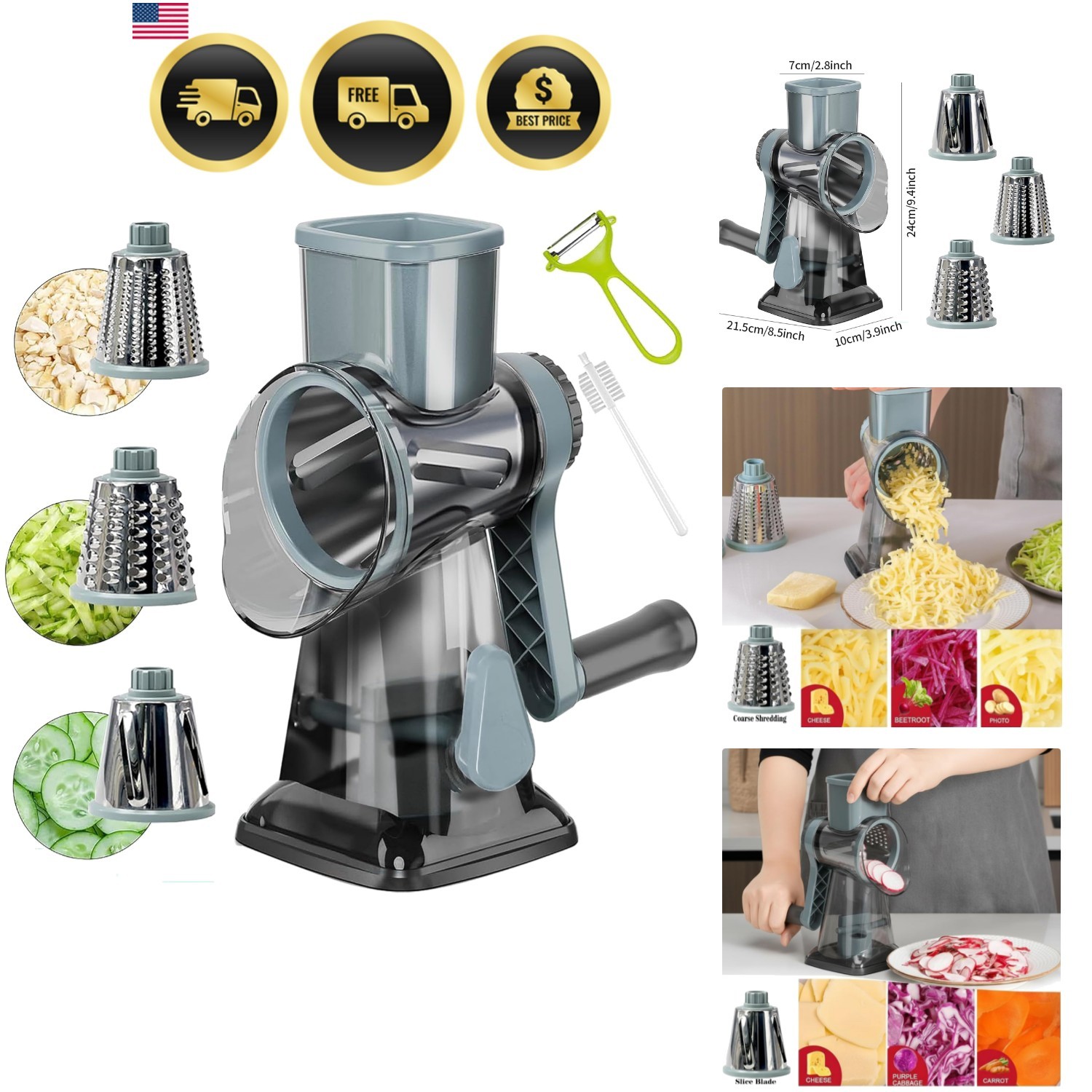 Cheese Grater Rotary Multi-Purpose Stainless Steel Handheld Vegetable Fruit S... gallery