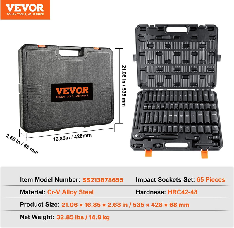 1/2" Drive Impact Socket Set, 65 Piece SAE 3/8" to 1-1/4" and Metric 10-24Mm, 6 gallery