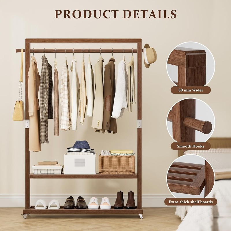 Clothes Rack 3 In 1 Freestanding Solid Wood With Shelves 220 LB gallery