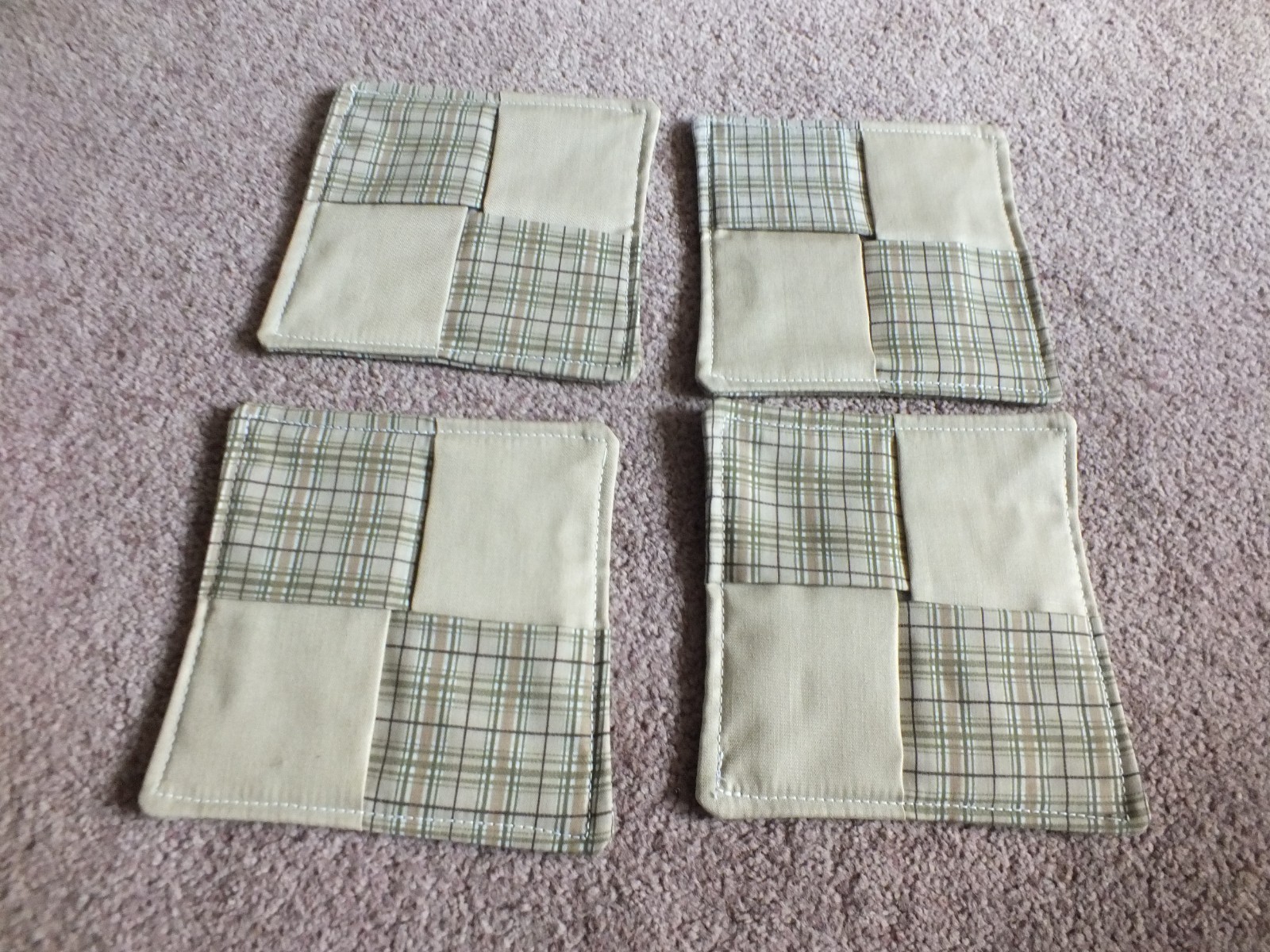 Beautiful Handmade Coaster Set 4 Tan Beige Plaid Design 4 1/2" Square gallery
