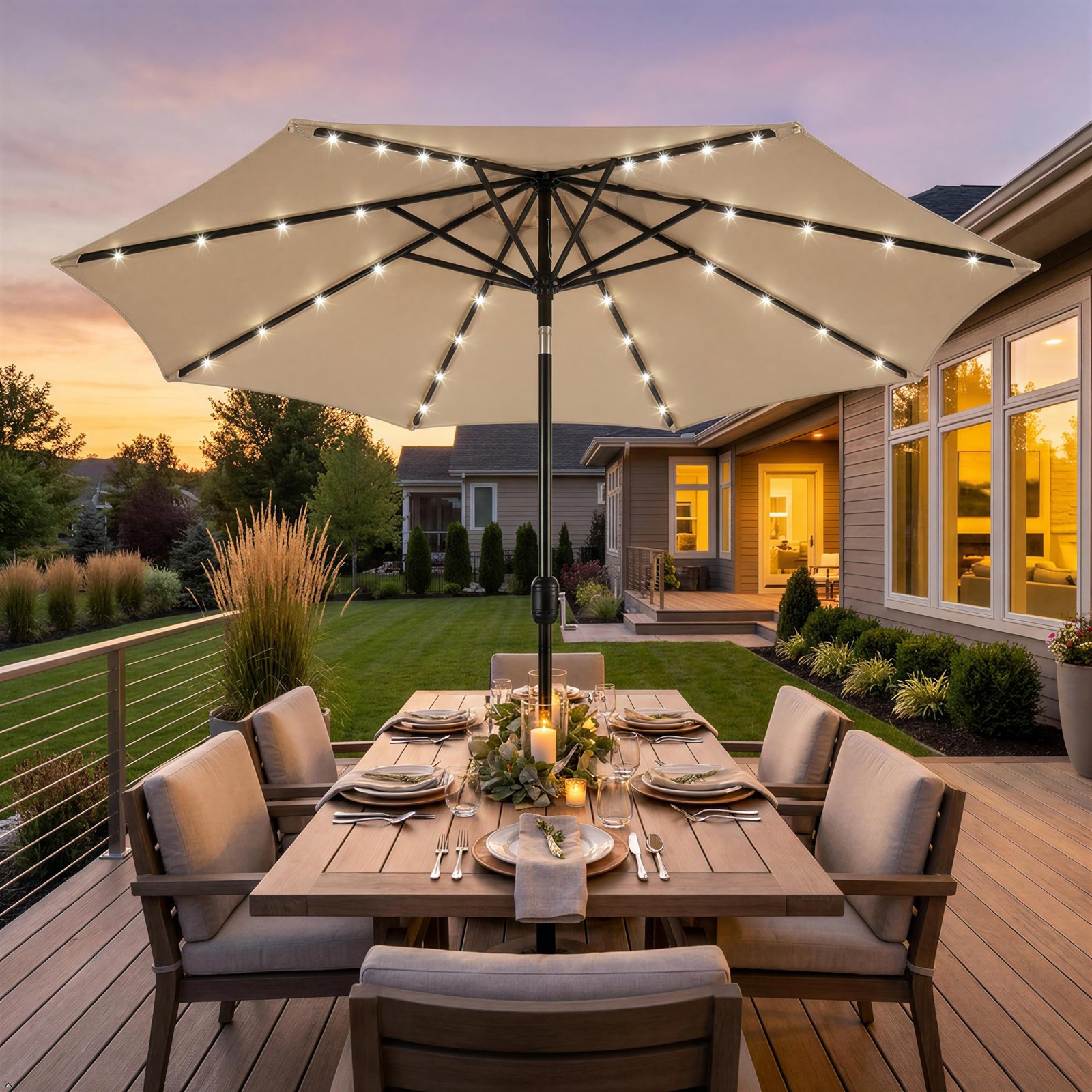 11FT Solar Umbrella Lighted Outdoor Patio Umbrella w/Tilt&Crank Lift System, Tan gallery