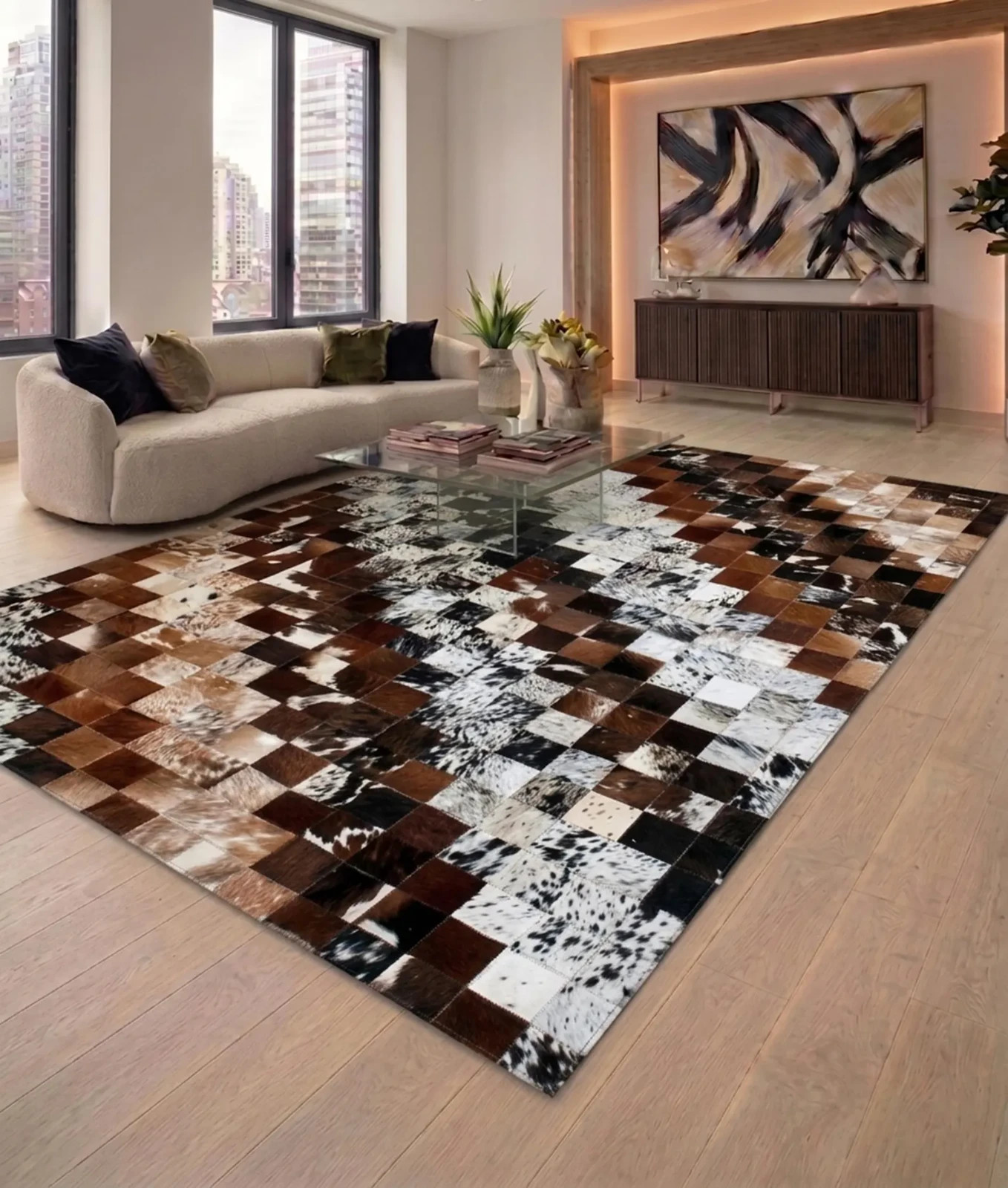 Luxury Modern Leather Rug Geometric Patchwork Floor Carpet gallery