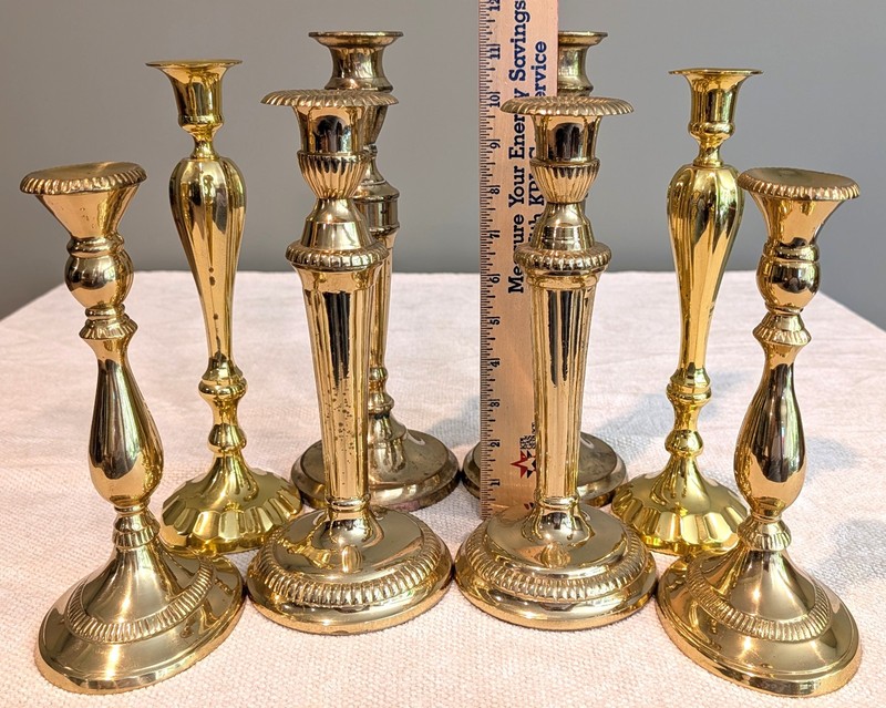 8 Vintage-Shiny Solid Brass Candleholders - 9 to 11.5 Inches Tall gallery