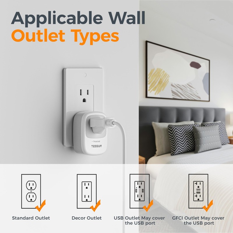 Surge Protector 1050 Joules, TESSAN Single Plug with white gallery